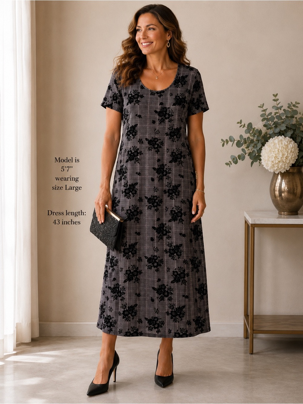 Derek‎ Heart 2X Plaid Velvet Floral Whimsigoth Dress Gray Black Stretch